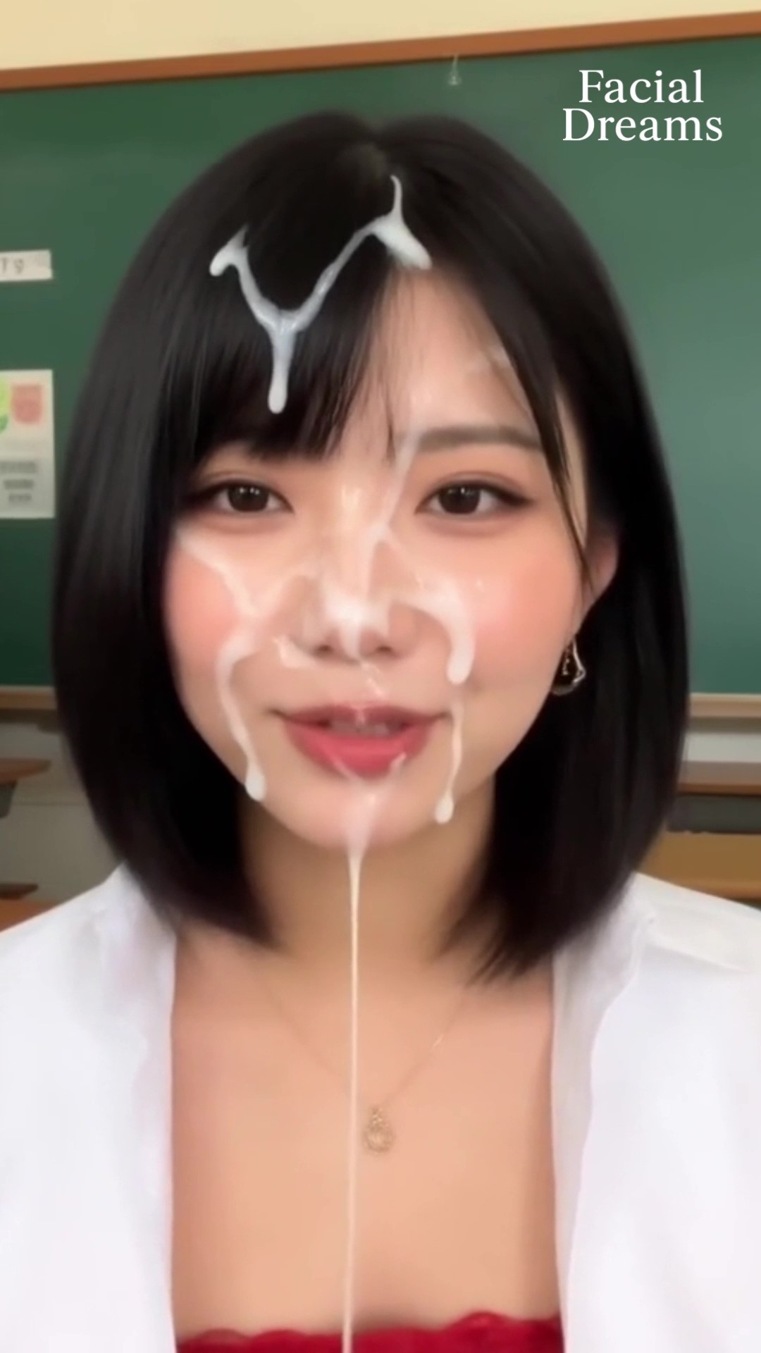 顔射されてザーメンを顔いっぱいにつけたまま黒板の前に立つ女教師