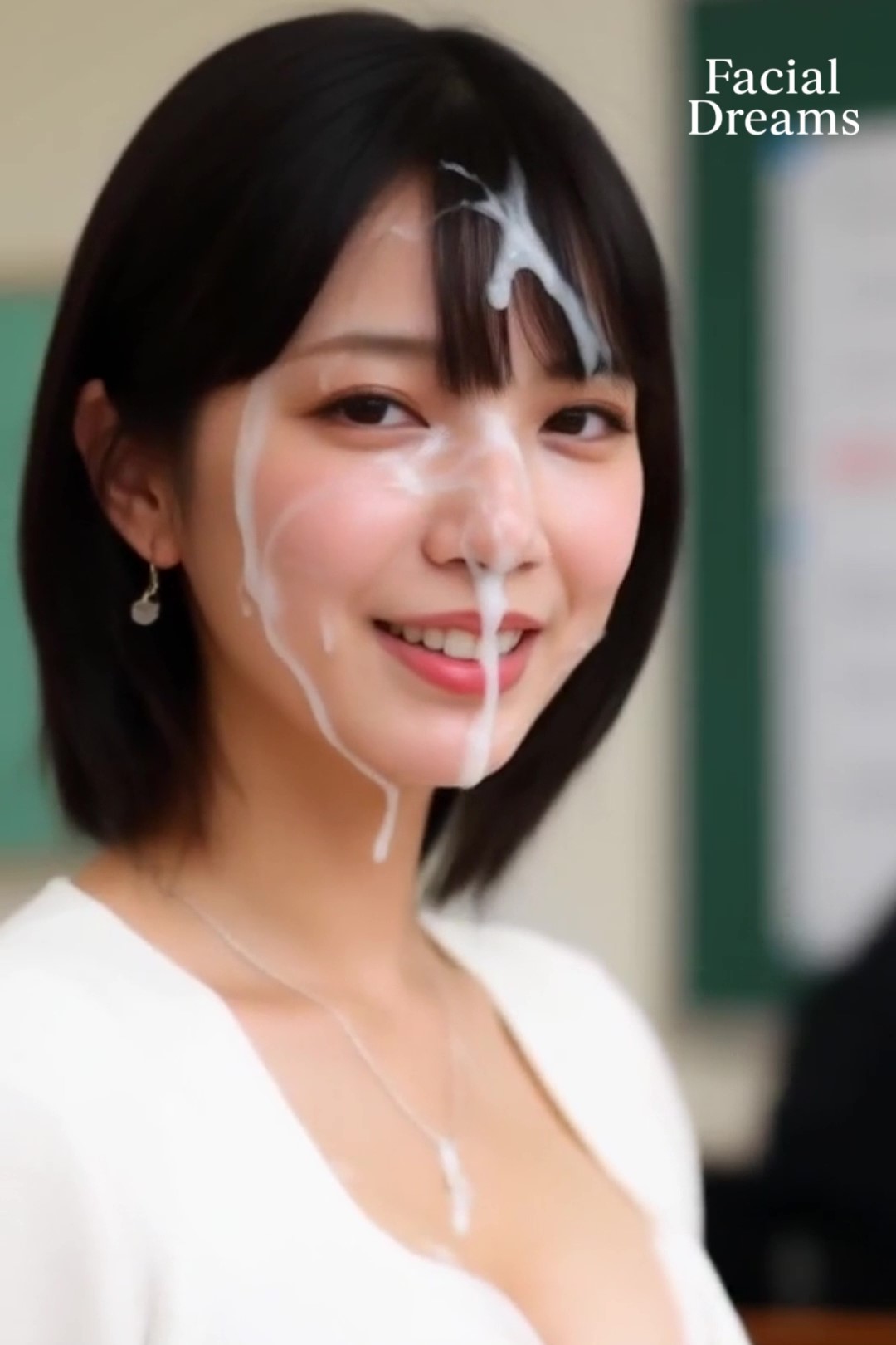 顔射されてザーメンを顔いっぱいにつけたまま黒板の前に立つ女教師
