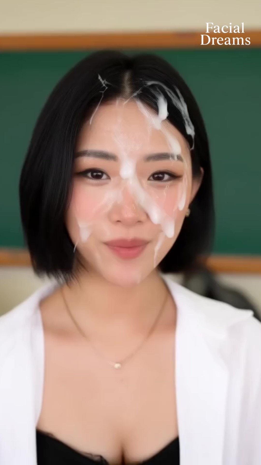 顔射されてザーメンを顔いっぱいにつけたまま黒板の前に立つ美人女教師