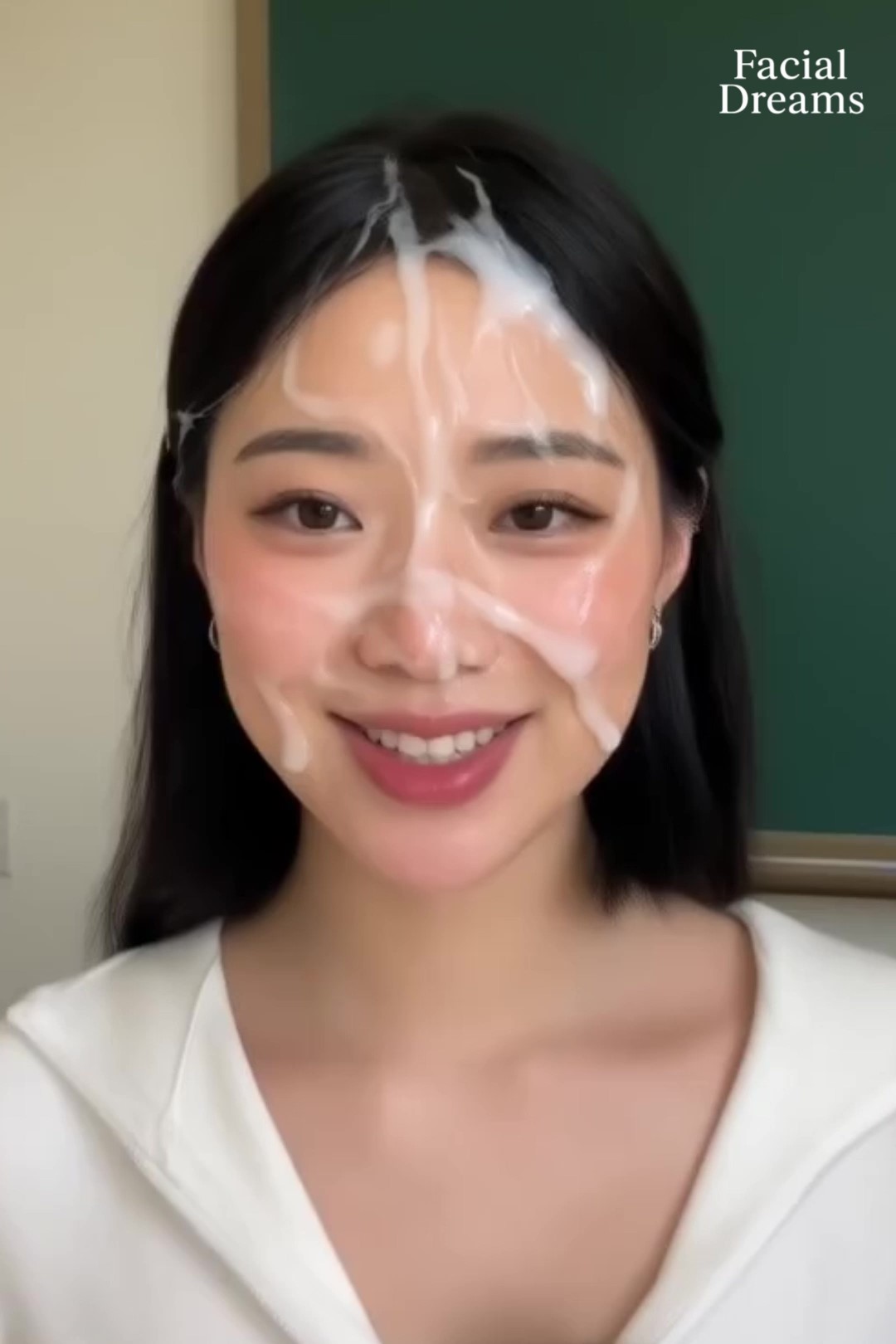 顔射されてザーメンを顔いっぱいにつけたまま黒板の前に立つ美人女教師