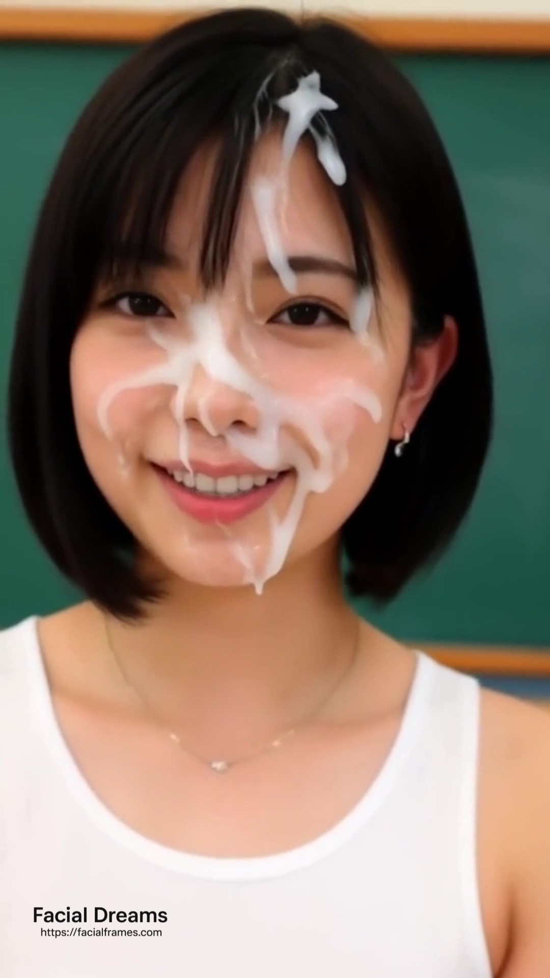 顔射されてザーメンを顔いっぱいにつけたまま黒板の前に立つ美人女教師