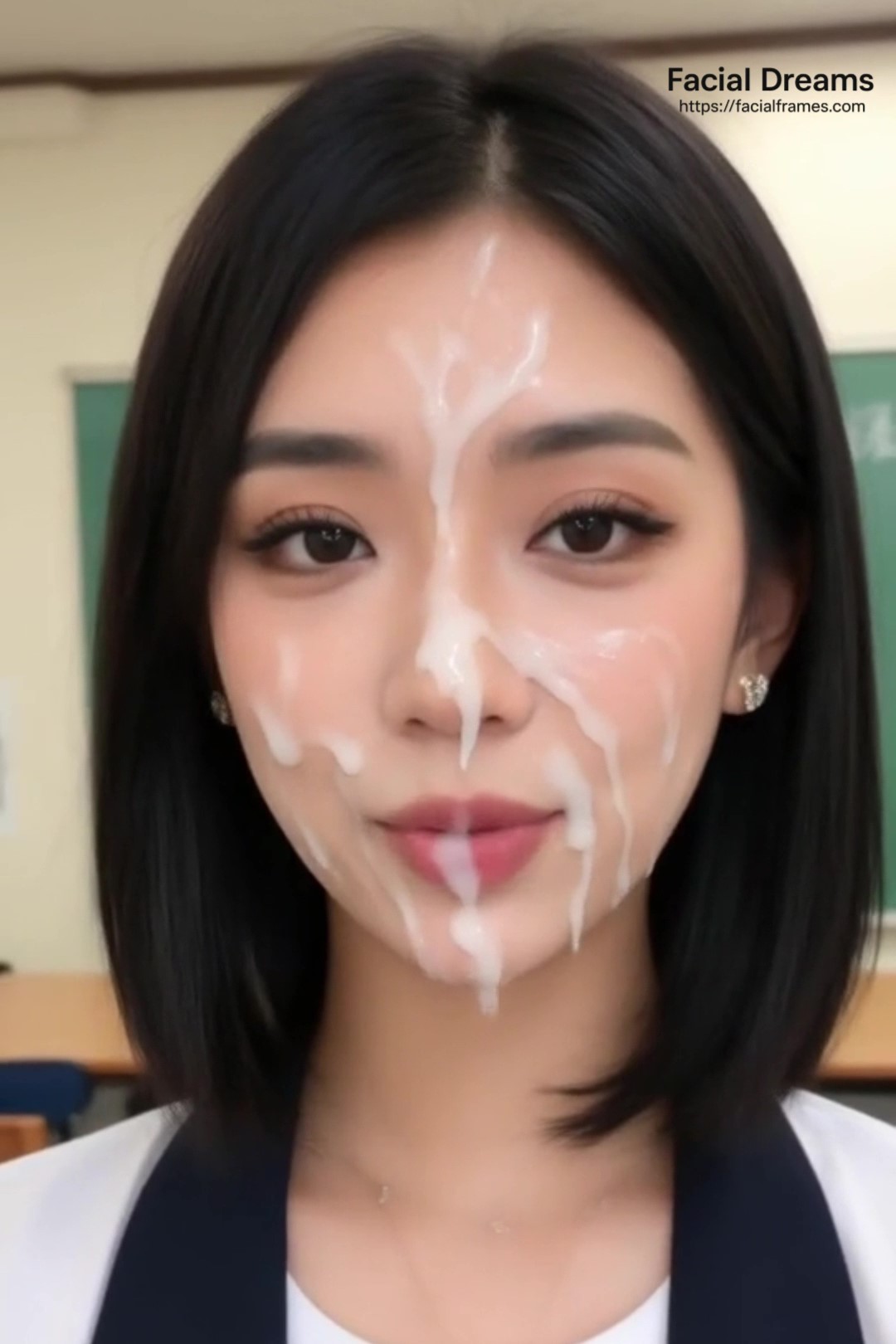 顔射されてザーメンを顔いっぱいにつけたまま黒板の前に立つ美人女教師