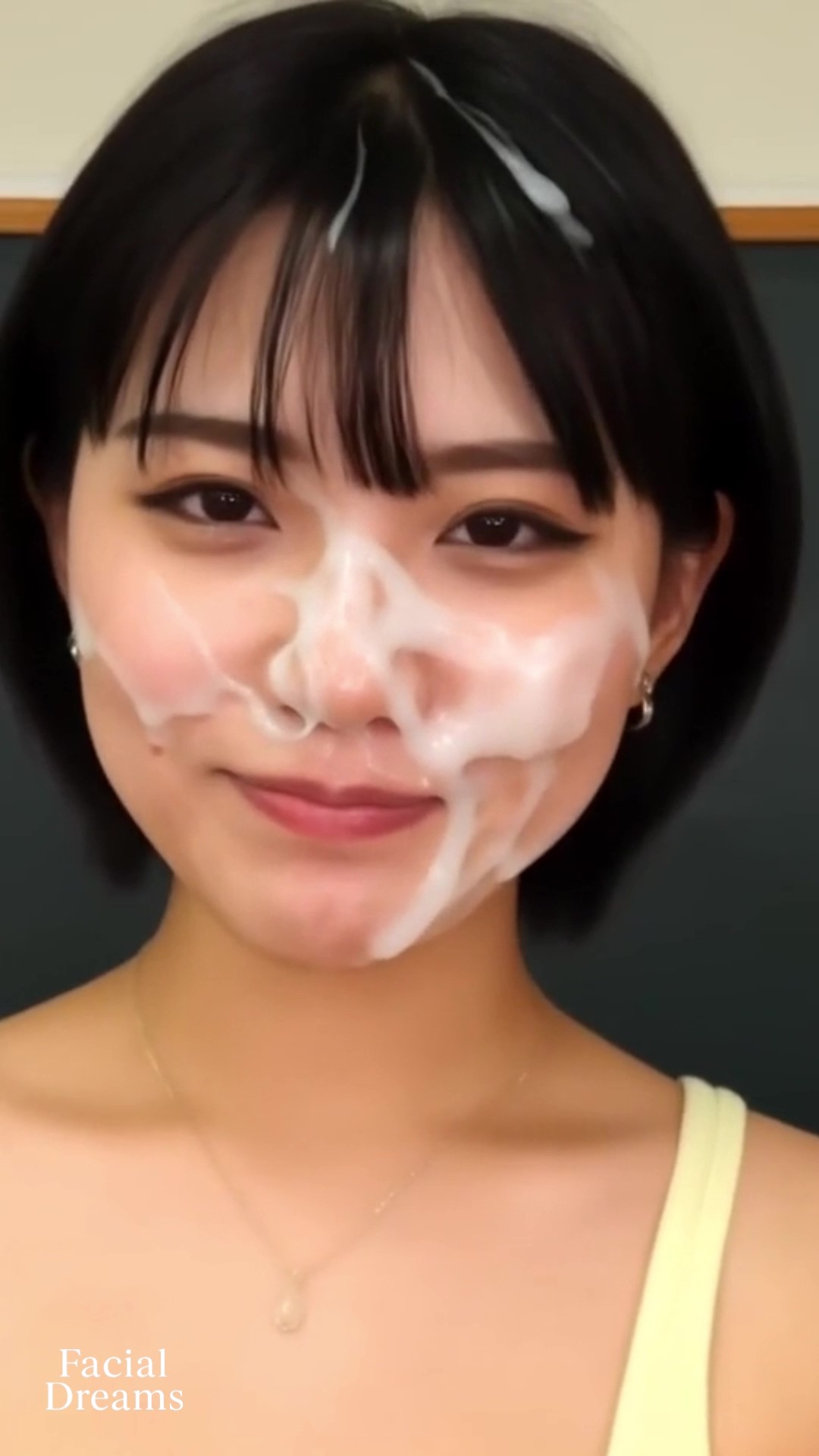 顔射されてザーメンを顔いっぱいにつけたまま黒板の前に立つ美人女教師