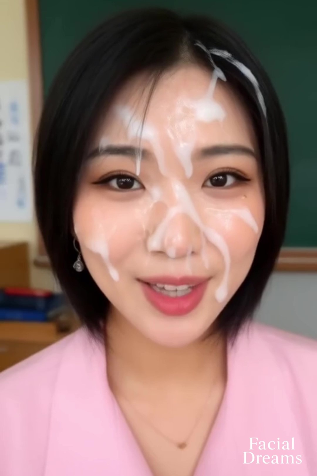 顔射されてザーメンを顔いっぱいにつけたまま黒板の前に立つ美人女教師